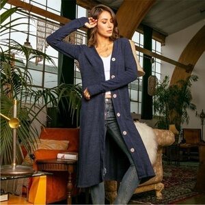 We The Free Black Long Line Buttoned Side Splits Thumb Holes Duster Cardigan